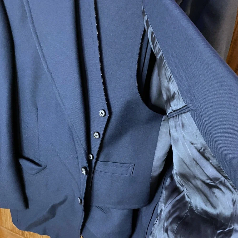 John Alexander 3 Piece Suit Men 46R Navy Blue Reversible Vest Houndstooth Blazer